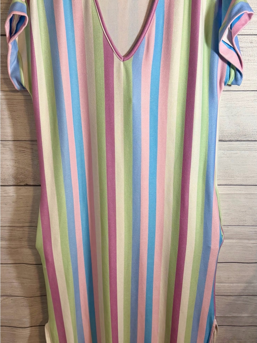 HEIMISH USA Pastel Multi-Stripe V-Neck Dress